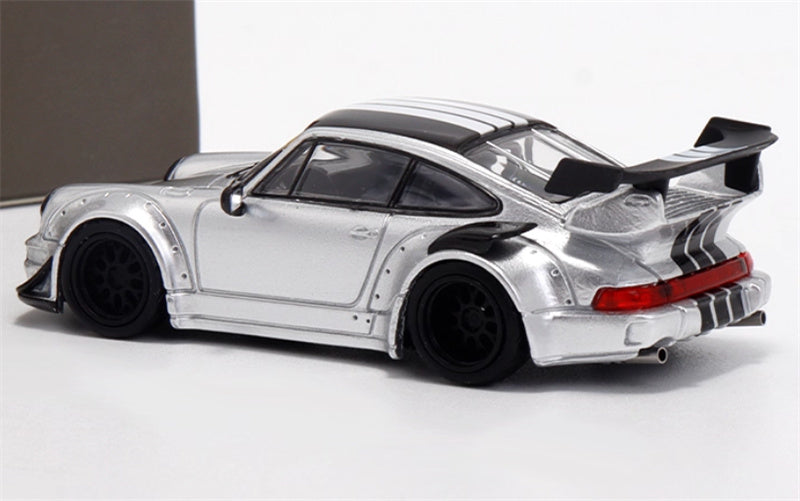 Star Model Porsche RWB 964 GT Tail Wing Edition Limited Edition Silver Black Line w/ Figure 1:64 Car Pre-built Model view2