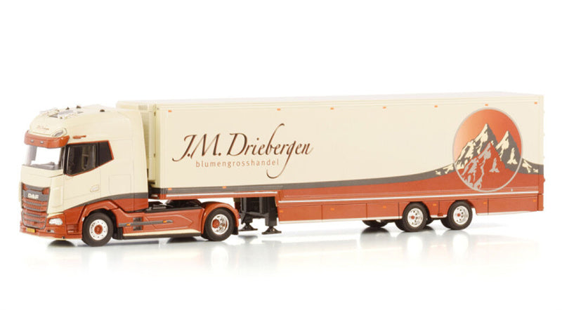 WSI DAF XG+ 4X2 SEMI BOX TRAILER - 2 AXLE J.M. Driebergen 1:50 Truck Pre-built Model
