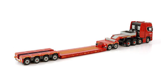 WSI SCANIA R HIGHLINE CR20H 8X4 LOWLOADER - 4 AXLE + DOLLY - 2 AXLE NOOTEBOOM RED LINE 1/50 DIECAST Truck