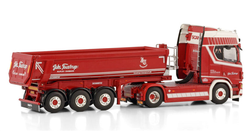 WSI SCANIA R HIGHLINE CR20H 4X2 HALF PIPE TRAILER - 3 AXLE Johs. Toustrup 1:50 Truck Pre-built Model