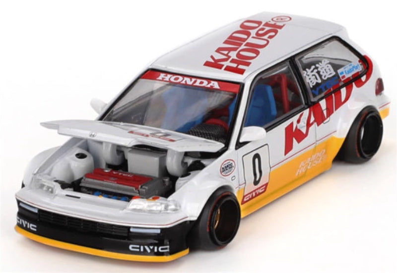 KaidoHouse x MiniGT Honda Civic EF KANJO V1 #0 White yellow color box packaging 1:64 Car Pre-built Model view1