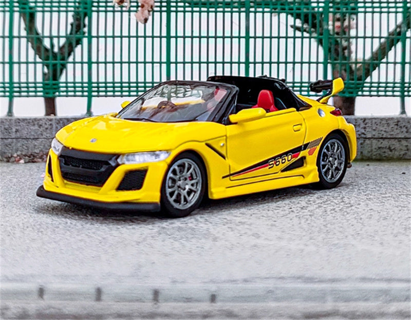 Mortal Honda S660 Mugen Convertible Wide body modified version Small tail yellow - with top cover Limited Edition 499PCS ONLY 1:64 Car Pre-built Model view8