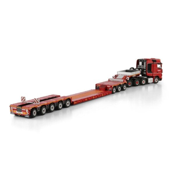 1:50 MERCEDES BENZ NOOTEBOOM RED LINE ACTROS MP5 8X4 EURO PX LOW LOADER -8 AXLE + DOLLY 3 AXLE WSI Red Diecast Model