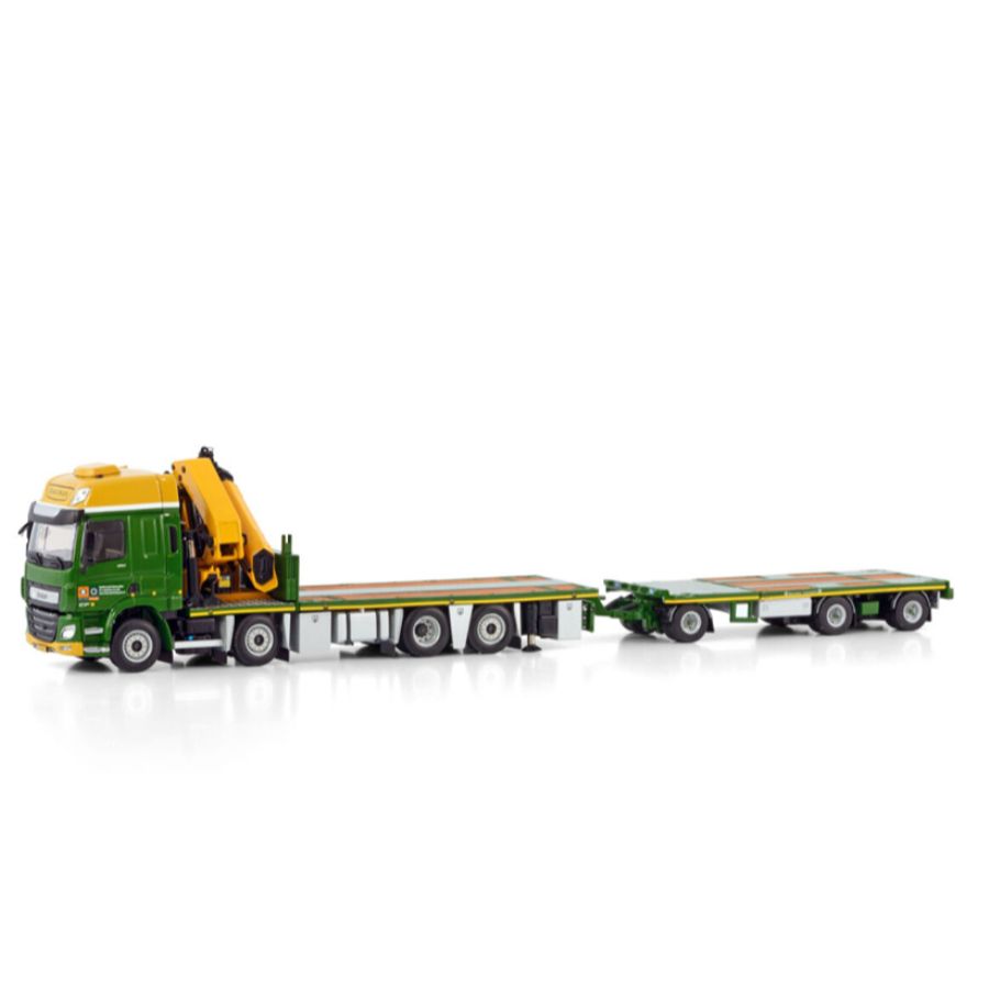 WSI  DAF CF SPACE CAB MY2017 RIGED FLAT BED TRUCK WITH PALFINGER PK 65002 SH + JIB 8X2 TAG AXLE FLAT BED TRAILER - 3 AXLE Boerman 1:50 DIECAST Truck