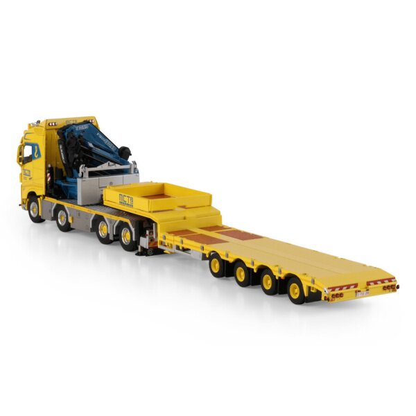 1:50 VOLVO MCT CRANING FH5 8X4 SEMI LOW LOADER W/ RAMPS 4 AXLE 1300 + JIB WSI Yellow Diecast Model