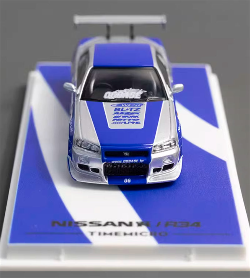 TIMEMICRO Nissan Skyline GT-R R34 Blue Silver NFS Edition Limited Edition 999PCS ONLY 1:64 Car Pre-built Model view5