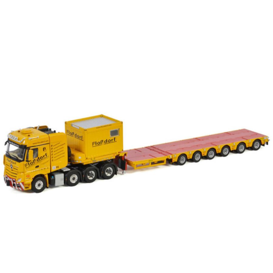 WSI MB ACTROS MP4 SLT BIG SPACE 8X4 SEMI LOW LOADER-6 AXLE + 10 FT CONTAINER FLOSSDORF 1/50 DIECAST Truck