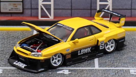 SW Nissan Skyline LBWK ER34 Yellow Black White Wheels 5# Limited Edition 1:64 car Pre-built Model view1