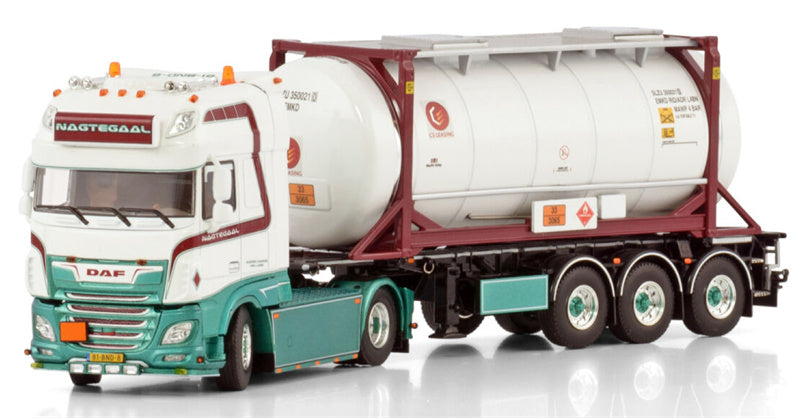 WSI  DAF XF SUPER SPACE CAB MY2017 4X2 30FT CONTAINER TRAILER - 3 AXLE + 20FT TANK CONTAINER Jan Nagtegaal Transport 1:50 Truck Pre-built Model