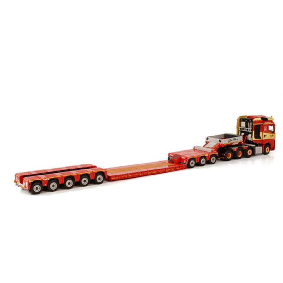 WSI MERCEDES BENZ ACTROS MP4 SLT GIGA SPACE 8X4 NOOTEBOOM LOW LOADER - 5 AXLE WITH DOLLY 3 AXLE TORBEN RAFN 1:50 DIECAST Truck