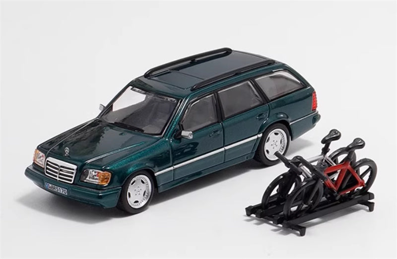 Mortal Mercedes Benz E-Class E300 station wagon S124 with 2 bicycles and luggage rack Pearl green - silver wheel Regular Edition Limited Edition 499PCS ONLY 1:64 Car Pre-built Model view3