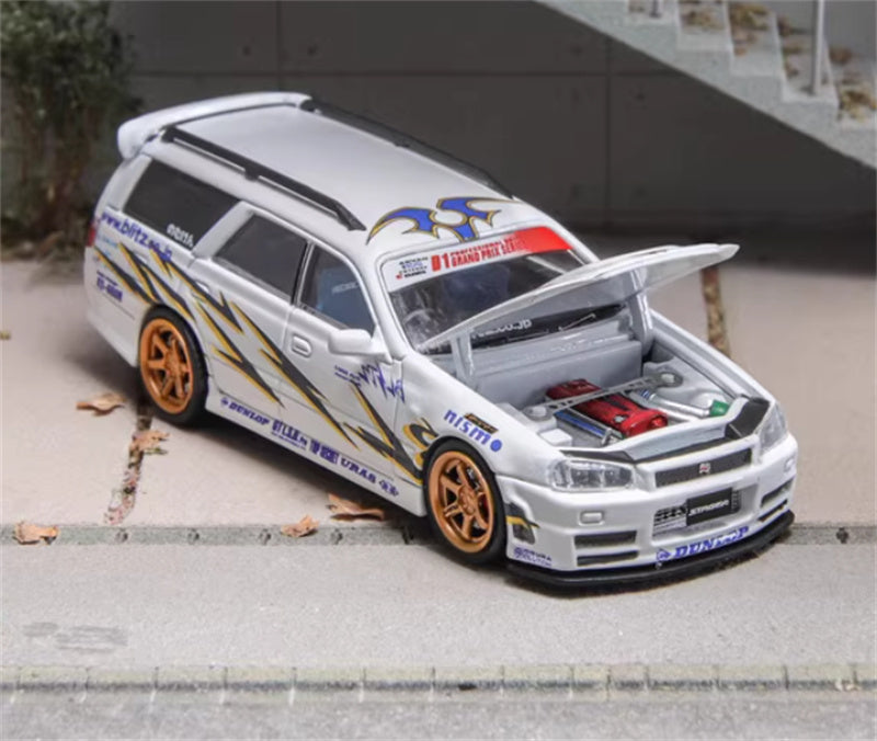 ZOOM Nissan R34 Stagea WC34 260RS White Gold Wheel 
nismo DUNLOP GTLSB URAS 1:64 Car Pre-built Model view4