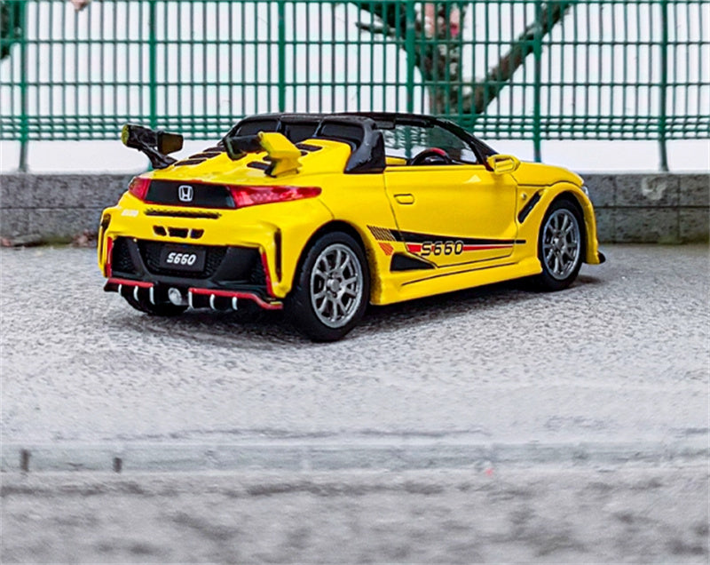 Mortal Honda S660 Mugen Convertible Wide body modified version Small tail yellow - with top cover Limited Edition 499PCS ONLY 1:64 Car Pre-built Model view2