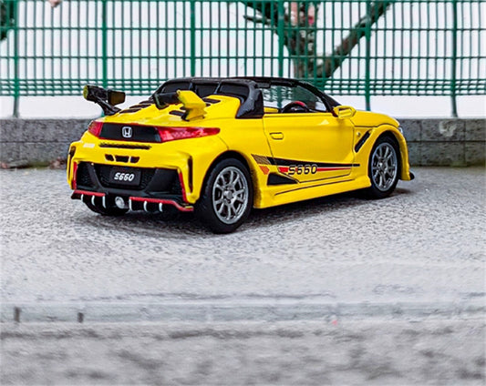 Mortal Honda S660 Mugen Convertible Wide body modified version Small tail yellow - with top cover Limited Edition 499PCS ONLY 1:64 Car Pre-built Model view2