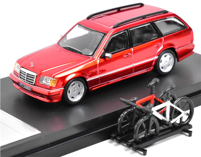 Mortal Mercedes Benz E-Class E300 station wagon S124 with 2 bicycles and luggage rack Red - Silver Wheel Regular Edition Limited Edition 599PCS ONLY 1:64 Car Pre-built Model view1