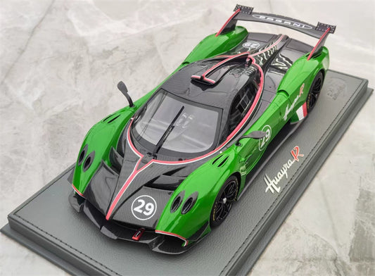 BBR MODELS Pagani Huayra R #29 Gloss black carbon/verde orati Limited Edition 100PCS ONLY Leather base 1:18 Car Pre-built Model view1