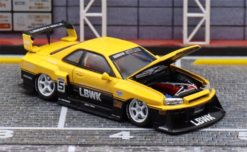 SW Nissan Skyline LBWK ER34 Yellow Black White Wheels 5# Limited Edition 1:64 car Pre-built Model view3