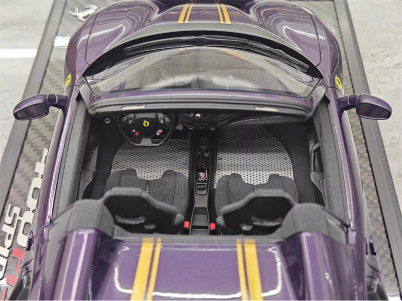 BBR MODELS FERRARI 488 Pista Spider convertible Hong Kong Metal Purple Double yellow Strip Black wheels Carbon fiber base Limited Edition 28PCS ONLY 1:18 Car Pre-built Model view2