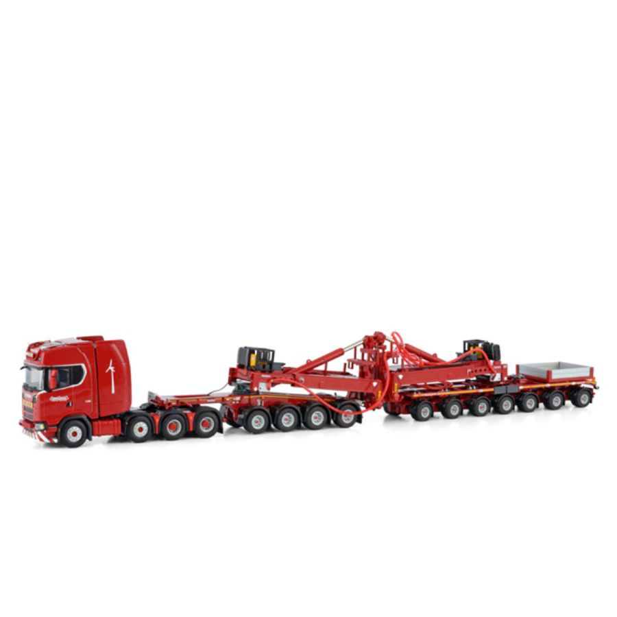 WSI SCANIA S HIGHLINE CS20H 8X4 WIND MILL TRAILER WITH 4 AXLE DOLLY - 7 AXLE NOOTEBOOM RED LINE 1/50 DIECAST Truck Lorry