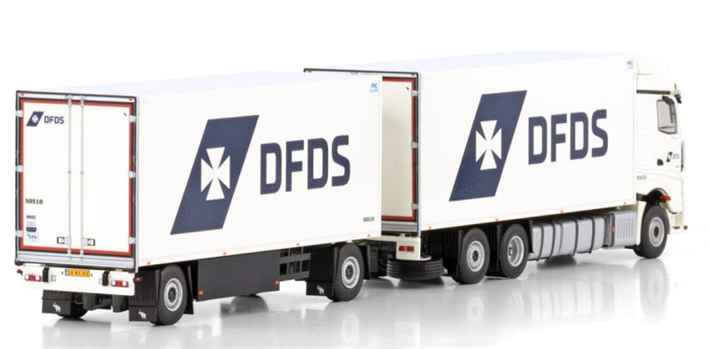 WSI ACTROS MP5 GIGA SPACE RIGED REEFER TRUCK 6X2 TAG AXLE RIGED REEFER DRAWBAR TURNTABLE TRAILER - 5 AXLE DFDS 1:50 Model