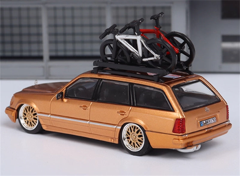 Mortal Mercedes Benz E-Class E300 station wagon S124 with 2 bicycles and luggage rack Gold - Gold Wheel low slung version Limited Edition 299PCS ONLY 1:64 Car Pre-built Model view3