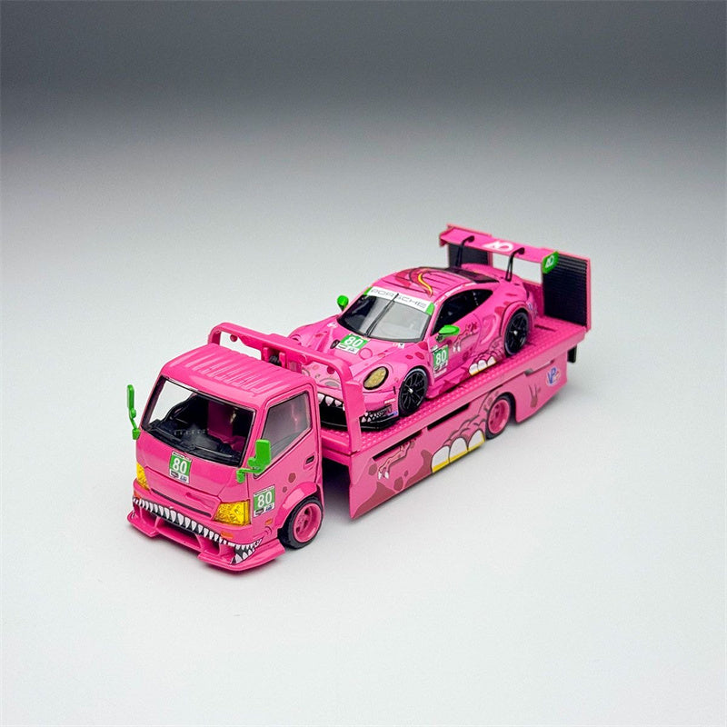 1:64 Hino H300 & Porsche dinosaur Painting Pink TOP LUX x STAR RACE Set DIECAST Model
