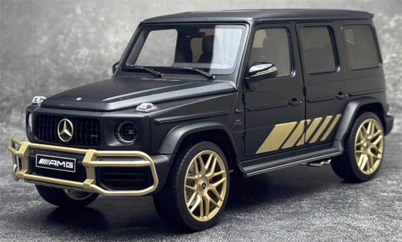 Almost Real Mercedes AMG G63 Grand Edition 2024 Dumb Black Gold Black interior with gold wheels 1:18 Truck Pre-built Model view1