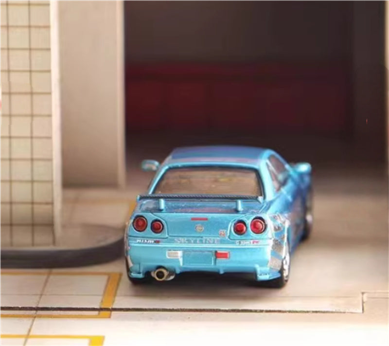 Stance Hunters Nissan Skyline GTR BNR34 V-SPEC-II electroplated blue - silver edge 1:64 Car Pre-built Model view6