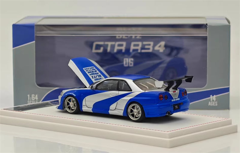 Focal Horizon Nissan GT-R R34 NFS Silver Blue Limited Edition 999PCS ONLY OVER SPEED 1:64 Car Pre-built Model view2