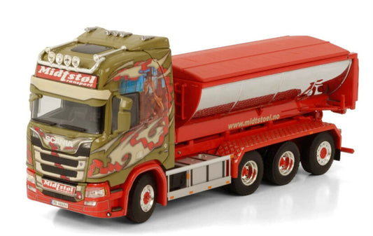 WSI SCANIA R HIGHLINE CR20H 8X4 RIGED TRUCK HOOKLIFT SYSTEM + HOOKLIFT CONTAINER ASPHALT MIDTSTOL 1:50 Truck Pre-built Model
