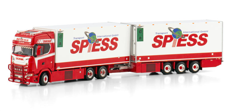 WSI SCANIA S HIGHLINE CS20H 6X2 TAG AXLE RIGED REEFER TRUCK DRAWBAR TRAILER - 6 AXLE Spiess 1:50 Model