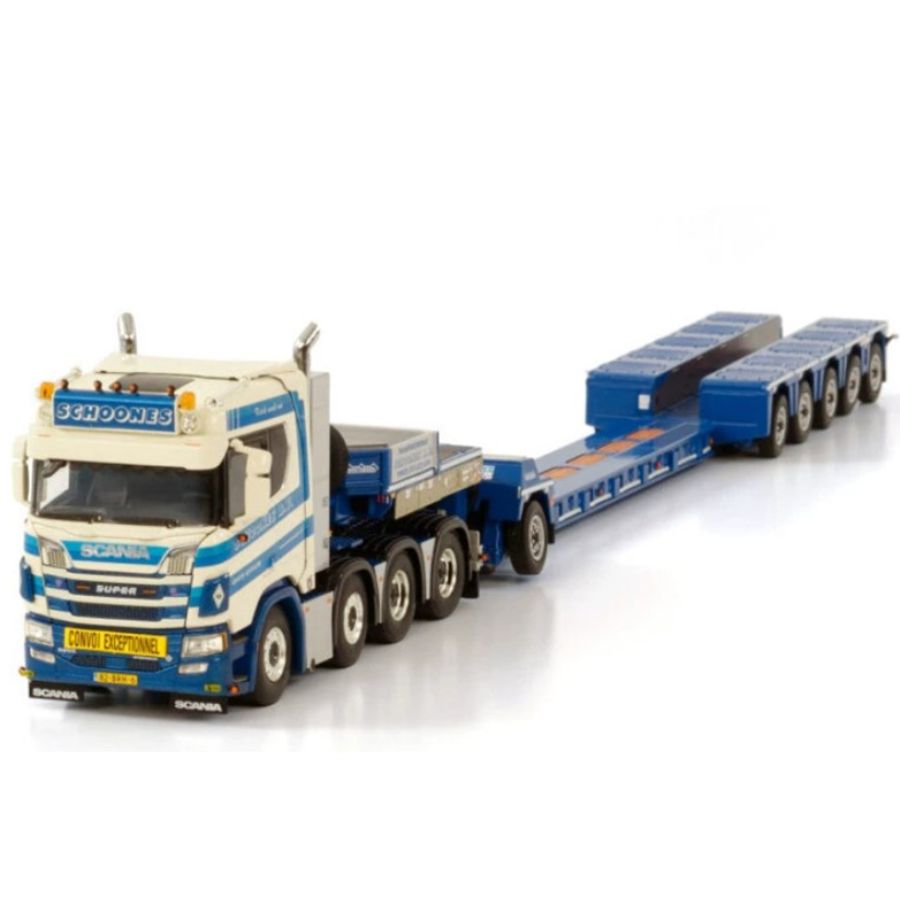 WSI SCANIA R NORMAL CR20N 8X4 LOW LOADER PENDEL X - 5 AXLE + DOLLY - 1 AXLE SCHOONES B.V. 1:50 DIECAST Truck Lorry