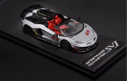 Max well Lamborghini Aventador SVj 63 # Battle Grey Convertible 1:64 Car Pre-built Airliner Model Display view1
