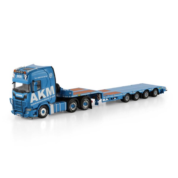 1:50 SCANIA AKM S CS20H 6X4 SEMI LOW LOADER 4 AXLE WSI Blue Diecast Model