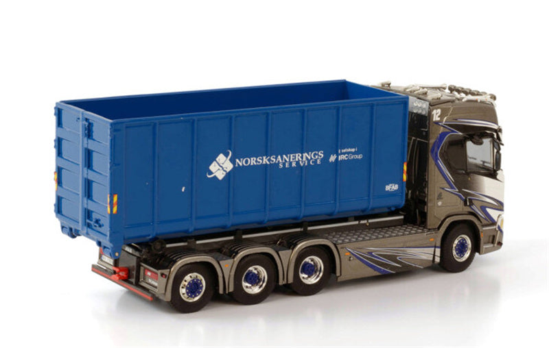 WSI SCANIA R HIGHLINE CR20H 8X4 RIGID TRUCK HOOKLIFT SYSTEM + HOOKLIFT CONTAINER 40M3 NORSK SANERINGSSERVICE 1:50 Truck Pre-built Model