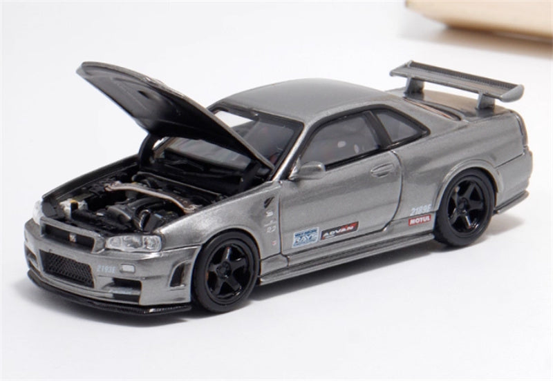 MOTORHELIX NISSAN SKYLINE GT-R R34 (NISMO) CRS VER Metallic Grey w/livery Limited Edition 699PCS ONLY 1:64 Car Pre-built Model view1