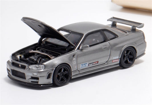 MOTORHELIX NISSAN SKYLINE GT-R R34 (NISMO) CRS VER Metallic Grey w/livery Limited Edition 699PCS ONLY 1:64 Car Pre-built Model view1