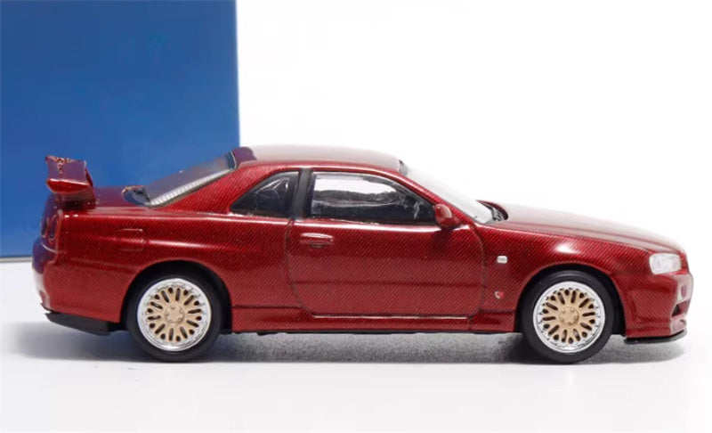 Stance Hunters Nissan Skyline GTR BNR34 V-SPEC-II Red Carbon BBS Wheel Limited Edition 499PCS ONLY 1:64 Car Pre-built Model view3