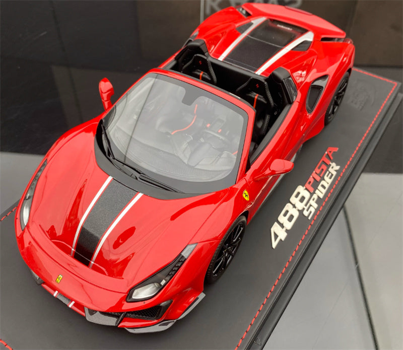 BBR MODELS Ferrari 488 Pista Spider Rosso Corsa 322 metal Standard Red Black Stripe Black Wheel Red Calipers Limited Edition 28PCS ONLY Leather base 1:18 Car Pre-built Model view1