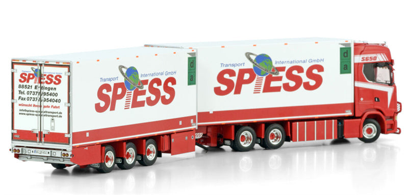WSI SCANIA S HIGHLINE CS20H 6X2 TAG AXLE RIGED REEFER TRUCK DRAWBAR TRAILER - 6 AXLE Spiess 1:50 Model