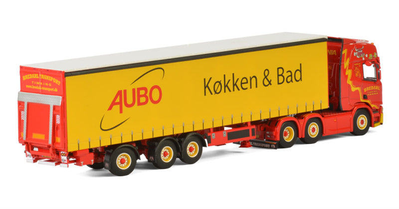 WSI SCANIA R HIGHLINE 6X2 + CURTAINSIDETRAILER - 3 AXLE Bredahl Transport AUBO Kokken&Bad 1:50 Truck Pre-built Model