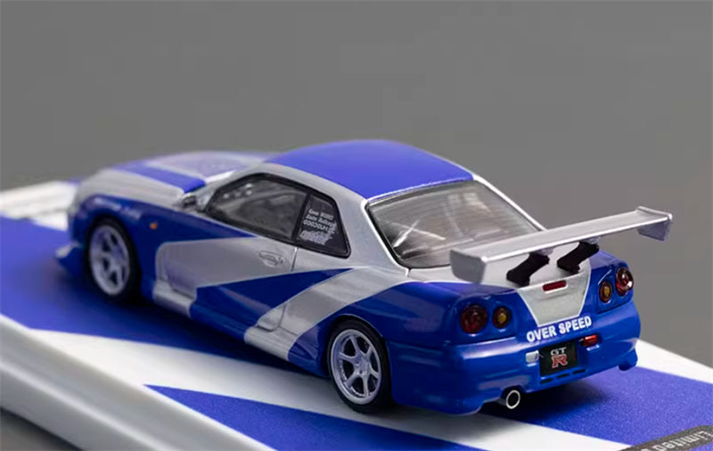 TIMEMICRO Nissan Skyline GT-R R34 Blue Silver NFS Edition Limited Edition 999PCS ONLY 1:64 Car Pre-built Model view3