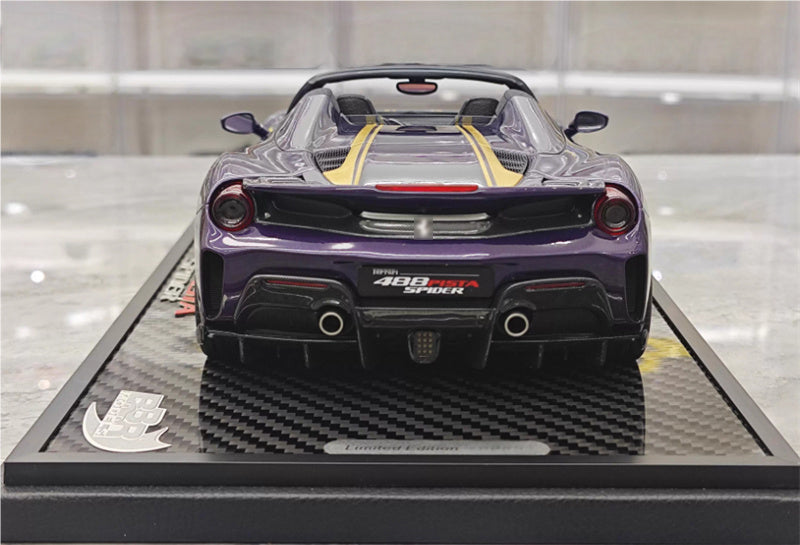 BBR MODELS FERRARI 488 Pista Spider convertible Hong Kong Metal Purple Double yellow Strip Black wheels Carbon fiber base Limited Edition 28PCS ONLY 1:18 Car Pre-built Model view8
