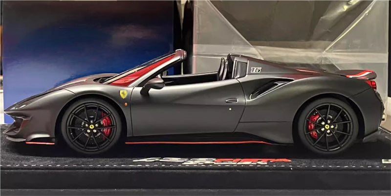 BBR MODELS Ferrari 488 Pista Spider Leclerc Convertible Matt Black Red and white decal # 16 black wheels red calipers Limited Edition 1:18 Car Pre-built Model view3