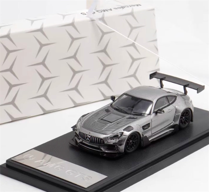 Rhino Model Mercedes AMG GTS modified big rear wing sports car silver gray 1:64 Car Pre-built Model view7
