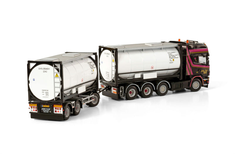 WSI SCANIA R4 TOPLINE 8X2 TAG AXLE RIGED DRAWBAR CONTAINER COMBI - 7 AXLE + 2X 20FT TANKCONTAINER Joke Vlot Transport 1:50 Truck Pre-built Model