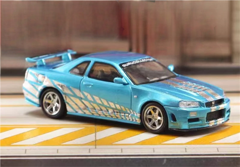Stance Hunters Nissan Skyline GTR BNR34 V-SPEC-II electroplated blue - silver edge 1:64 Car Pre-built Model view3