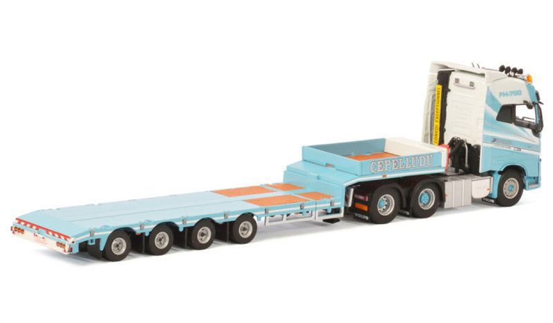 WSI  VOLVO FH4 GLOBETROTTER 6X2 TAG AXLE SEMI LOWLOADER - 4 AXLE Cepelludo 1:50 Truck Pre-built Model