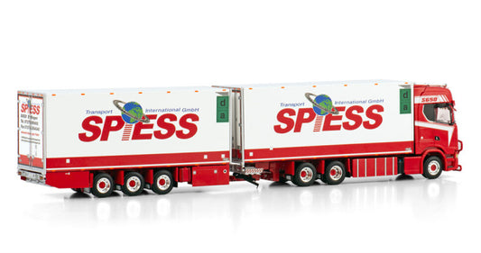 WSI SCANIA S HIGHLINE CS20H 6X2 TAG AXLE RIGED REEFER TRUCK DRAWBAR TRAILER - 6 AXLE Spiess 1:50 Model