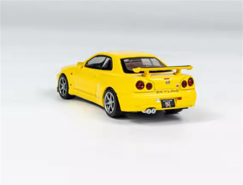 MINIGT Nissan Skyline GT-R(R34)V-Spec Lightning Yellow color box packaging 1:64 Car Pre-built Model view2